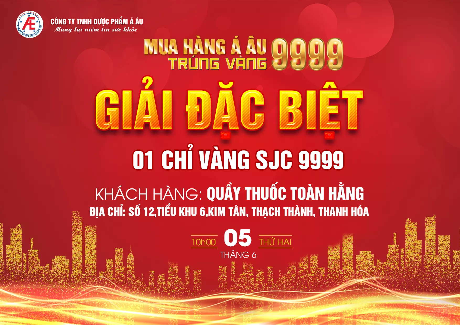 Xin chúc mừng Quầy thuốc Toàn Hằng - Thanh Hóa là nhà thuốc đầu tiên trúng giải đặc biệt là 1 chỉ vàng SJC 9999